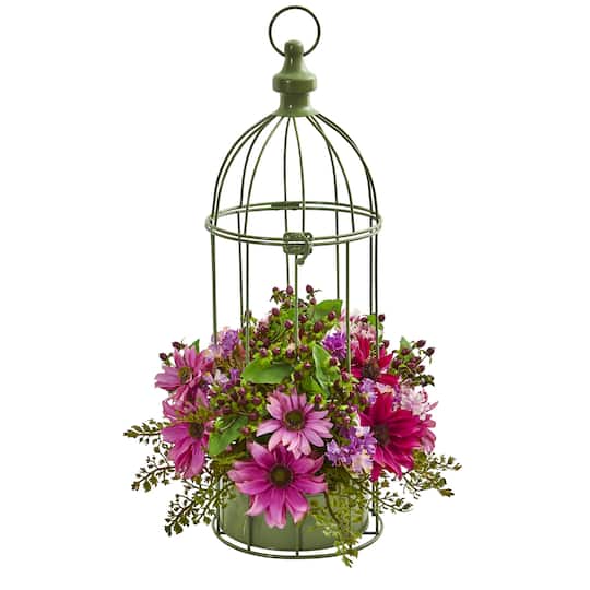 19&#x22; Pink Daisy Arrangement in Decorative Bird Cage